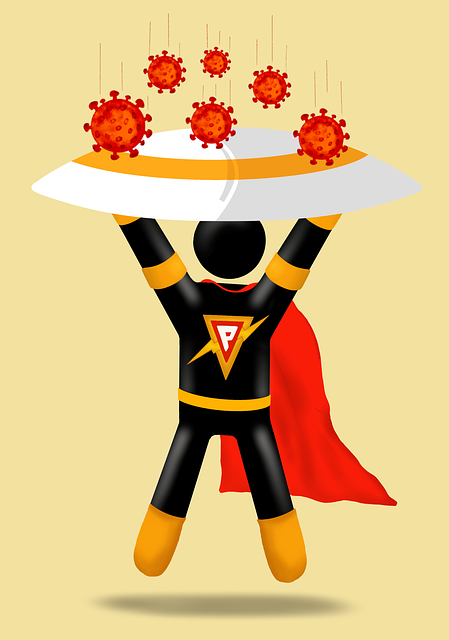 Superhero holding a shield blocking covid