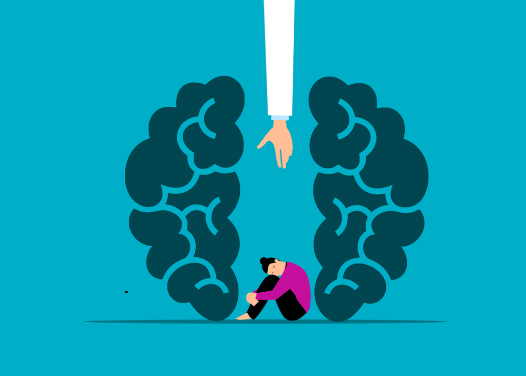 A cartoon-style drawing of a person sitting with their knees up between two halves of a brain.  A hand reaches down towards the person.