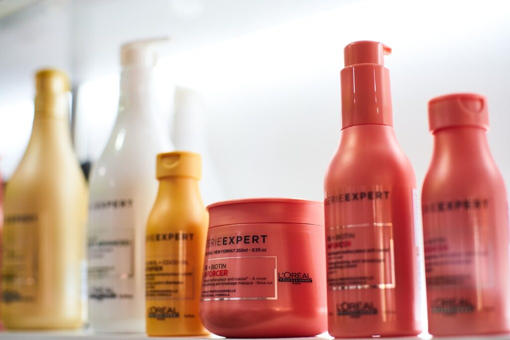 Bottles of different hair products. 