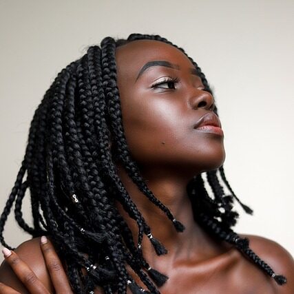 Image of Black woman with a protective style, medium sized knotless box braids.