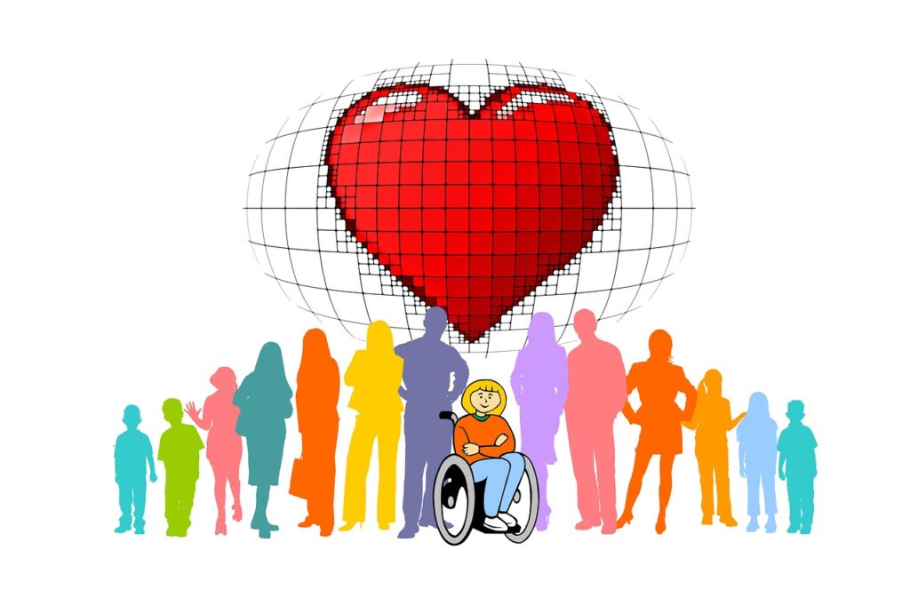 People next to someone in a wheelchair and a heart on top. 