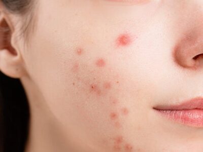 Woman with papule acne on face.